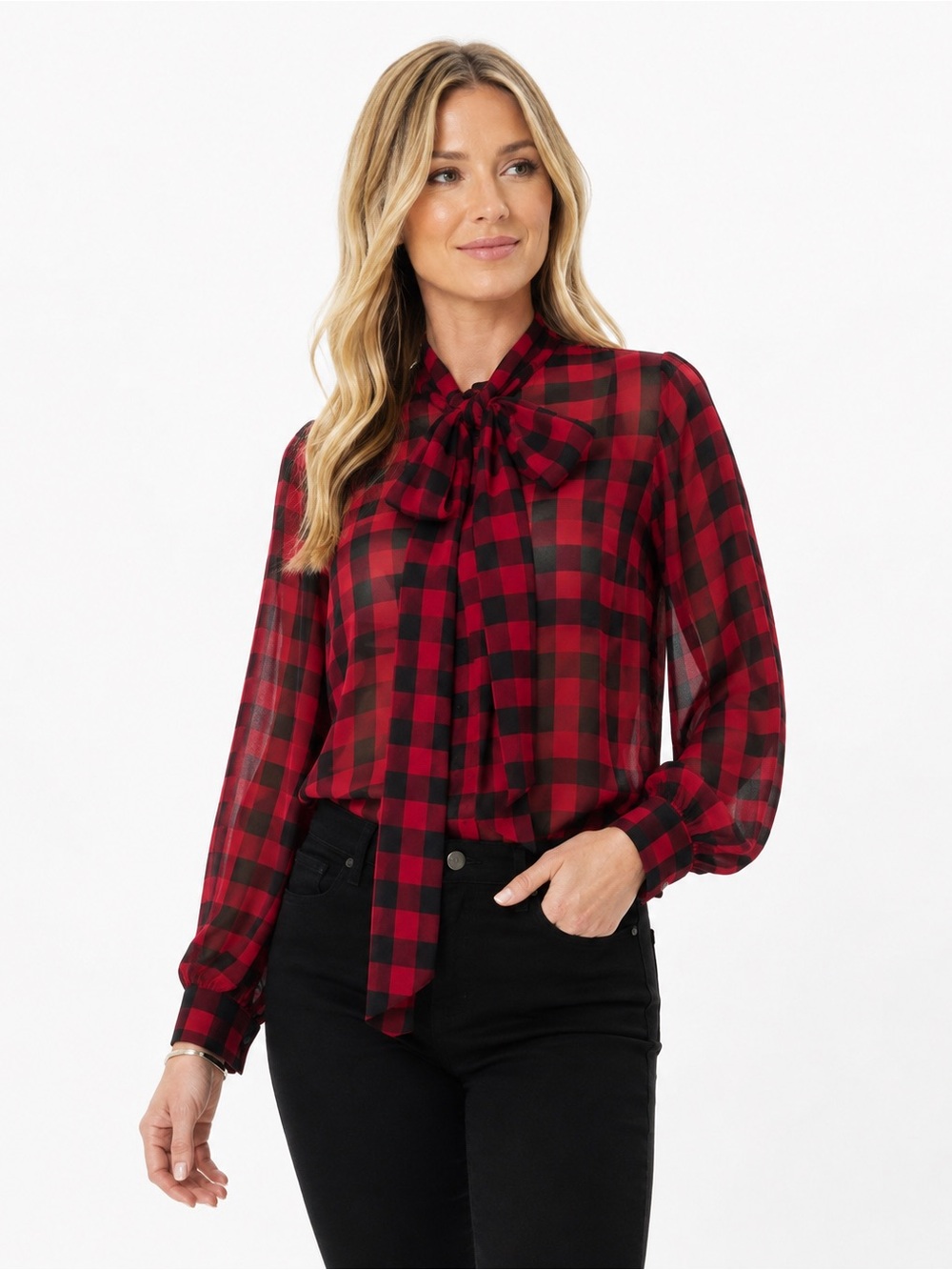 Ralph Lauren Collection Purple Label Silk Buffalo Plaid Sheer Tie Neck Blouse 6